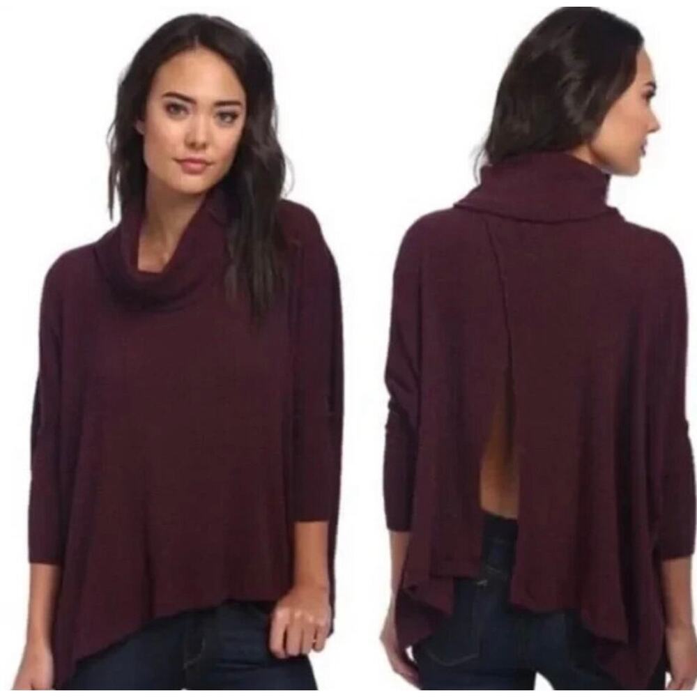 Free People Split Back Cowl Neck Dolman 3/4 Sleeve Oversized Ribbed Knit Top SP